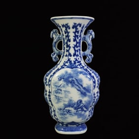 An Exquisite Blue and White Figure Pattern Double-Ears Vase