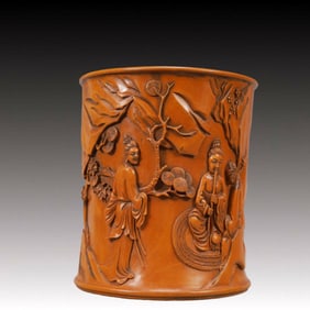 An Exquisite Boxwood Character and Story Pattern Brush Pot