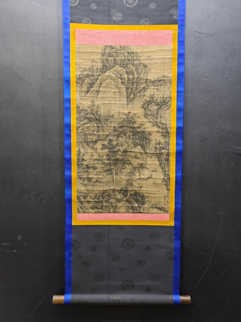 A Chinese Vertical Scroll Ink Painting of Landscape on Silk: A Chinese Vertical Scroll Ink Painting of Landscape on Silk,Wang Wei,Size:13.3inx28in 一幅中国水墨绢本山水画立轴,王&