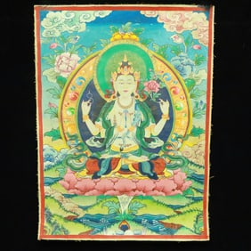 A Rare Brocade Painted Color Four-arms Statue of Avalokitesvara Tangka
