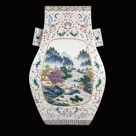 A Precious Famille-Rose Landscape and Figure Pattern Painted Gold Vase