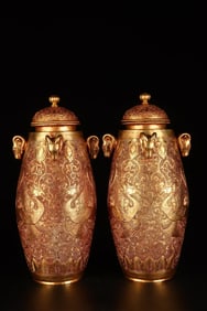 A Pair of Rare Gilt Bronze Lotus and Phoenix Pattern Sheep-Ears Jars
