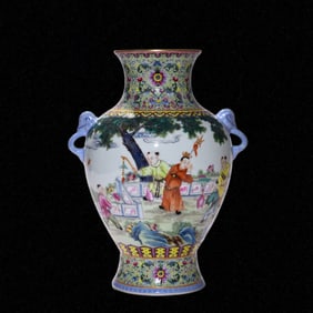 An Exquisite Famille-Rose Character and Story Pattern Painted Gold Double-Ears Vase