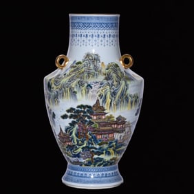 An Exquisite Famille-Rose Landscape Pattern Painted Gold Multi-ear Vase