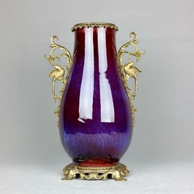 An Exquisite Flambe Glazed Inlaid Bronze Flower and Bird Double-Ears Vase