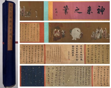 A Chinese Hand Scroll Ink Painting of Character and Story on Paper,Wu Daozi