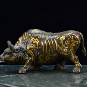 An Rare Bronze Inlaid Gold Buffalo Ornament,With Inscription