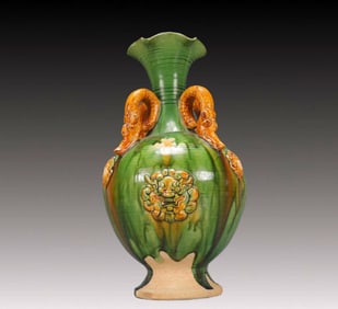 A Rare Tang Tri-Color Glazed Pottery Beast-Face Pattern Dragon-Ears Vase