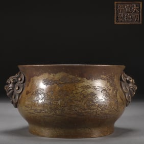 An Exquisite Bronze Character and Story Pattern Beast ears Censer,With Poem