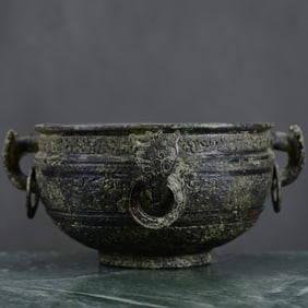An Rare Bronze Dragon-Ears Basin,With Inscription