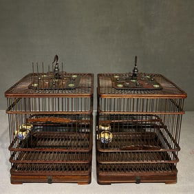 A Pair of Exquisite Redwood Inlaid Bamboo Birdcages