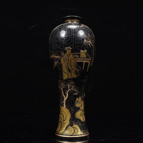 An Exquisite Black Lacquer Painted Gold Figure Pattern Vase,With Poem