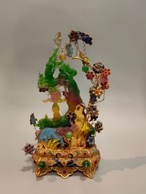 An Exquisite Jadeite Inlaid Filigree Gilt Ornament,Inlaid Gems