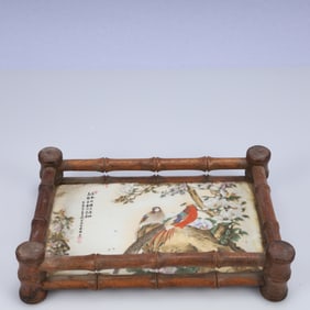 An Exquisite Huali wood Inlaid Porcelain Plaques Flower and Bird Pattern End Table