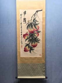 A Chinese Vertical Scroll Ink Painting of Peach on Paper,Qi Baishi