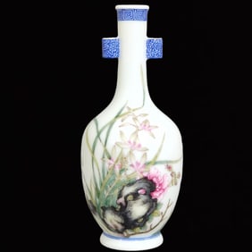 An Exquisite Blue and White Enamel Orchid Pattern Double-Ears Vase,With Poem