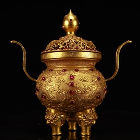 An Exquisite Gilt Bronze Dragon Pattern Double-Ears Beast-Legs Censer, Inlaid Gems
