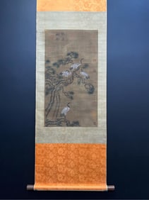A Chinese Vertical Scroll Ink Painting of Flower and Bird on Silk