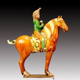 A Rare Tang Tri-Color Glazed Pottery Figure Riding Horse Ornament