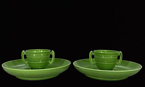 A Pair of Exquisite Peacock Blue Glazed Beast-Face Pattern Cups,With Dragon Pattern Base