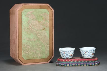 A Pair of Exquisite Doucai Lotus Pattern Cups,With Sanskrit