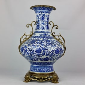 An Exquisite Blue and White Lotus Pattern Inlaid Bronze Flower Double-Ears Vase