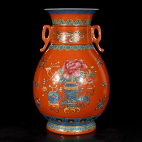 A Rare Red Glazed Enamel Painted Gold Flower and Bats Pattern Double-Ears Vase