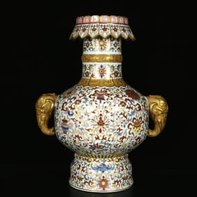 A Rare Green Ground Enamel Painted Gold Lotus and Eight Treasures Pattern Elephant-Ears Vase