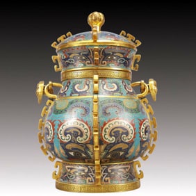 A Rare  Cloisonne Beast-Face Pattern Double-Ears Jar, With Cover