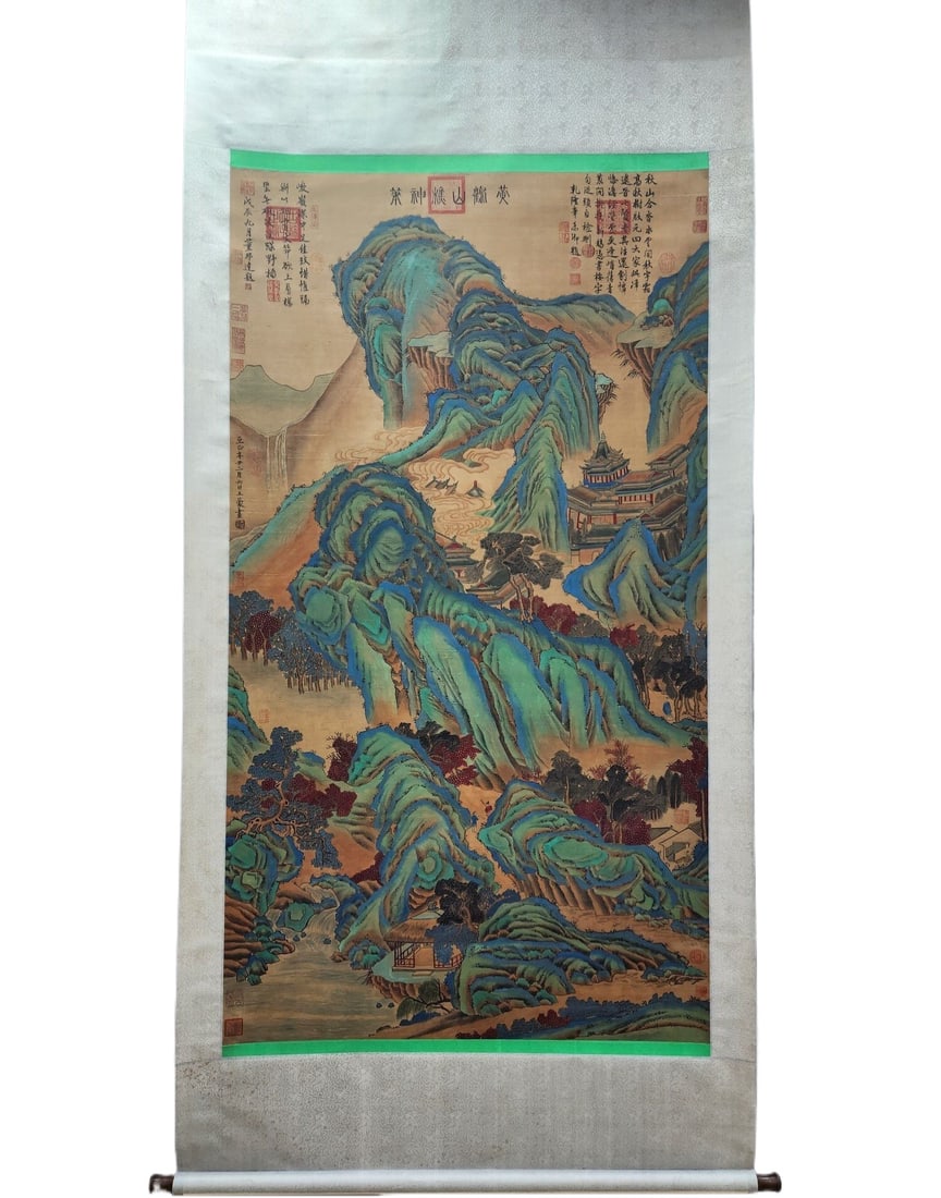 A Chinese Vertical Scroll Ink Painting of Landscape on Silk,Wang Meng: A Chinese Vertical Scroll Ink Painting of Landscape on Silk,Wang Meng,Size(Without frame):175cmx97cm 一幅中国水墨绢本山水画立