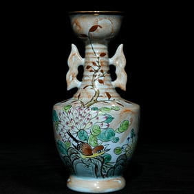 An Exquisite Ru yao Famille-Rose Painted Gold Flower and Bird Pattern Double-Ears Vase,With Poem