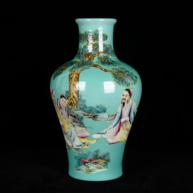 An Exquisite Famille-Rose Sky Blue Glazed Character and Story Pattern Vase