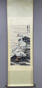 A Chinese Vertical Scroll Ink Painting of Goose on Paper,Huang Zhou