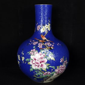 A Rare Blue Ground Famille-Rose Flower and Bird Pattern Vase