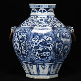 A Rare Blue and White Pine, Bamboo and Plum Blossom Pattern Beast-Ears Jar