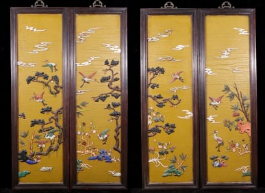 A set of exquisite zitanwood painted four-bar hanging screens inlaid with gems and flowers and