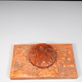 An Exquisite Huanghuali Wood Figure and Deer Pattern Inkstone