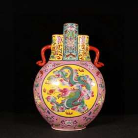 An Exquisite Enamel Painted Gold Lotus,Auspicious Cloud and Dragon Pattern Ruyi-Ears Vase