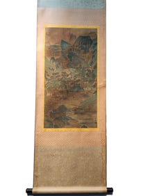 A Chinese Vertical Scroll Ink Painting of Landscape on Silk,Wang Wei
