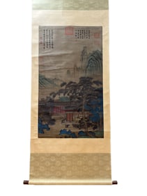 A Chinese Vertical Scroll Ink Painting of Landscape on Silk,Wen Zhengming