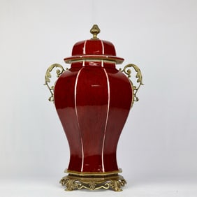 An Exquisite Ji Red Glazed Inlaid Bronze Flower Double-Ears With cover Jar