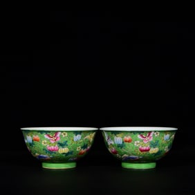 A Pair of Exquisite Enamel Green Ground Butterfly and Pumpkin Pattern Bowls