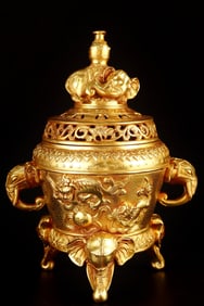 A Rare Gilt Bronze Auspicious Beast Pattern Double-Ears and Tripod Censer