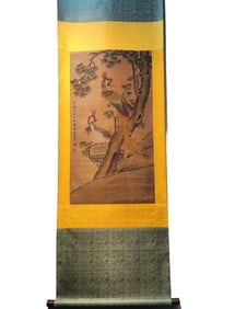 A Chinese Vertical Scroll Ink Painting of Flower and Bird on Silk,Shen Quan