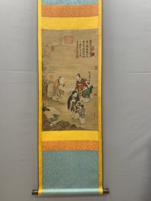 A Chinese Vertical Scroll Ink Painting of  Figure on Silk,Qiu Ying