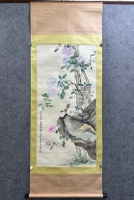 A Chinese Vertical Scroll Ink Painting of Flower and Bird on Paper,He Xiangning