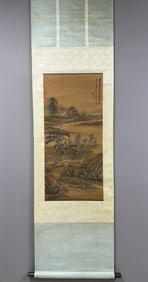 A Chinese Vertical Scroll Ink Painting of Landscape and Figure on Silk,Wang Hui