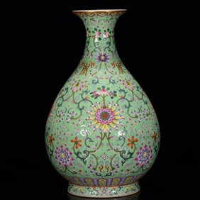 A Rare Green Ground Famille-Rose Painted Gold Shou-Character Lotus Pattern Vase