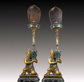 A Pair of Huge Cloisonne Lotus Pattern Figure Candlesticks