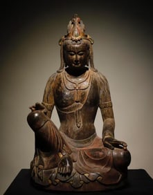 A Rare Limestone Painted Color Statue of Avalokitesvara